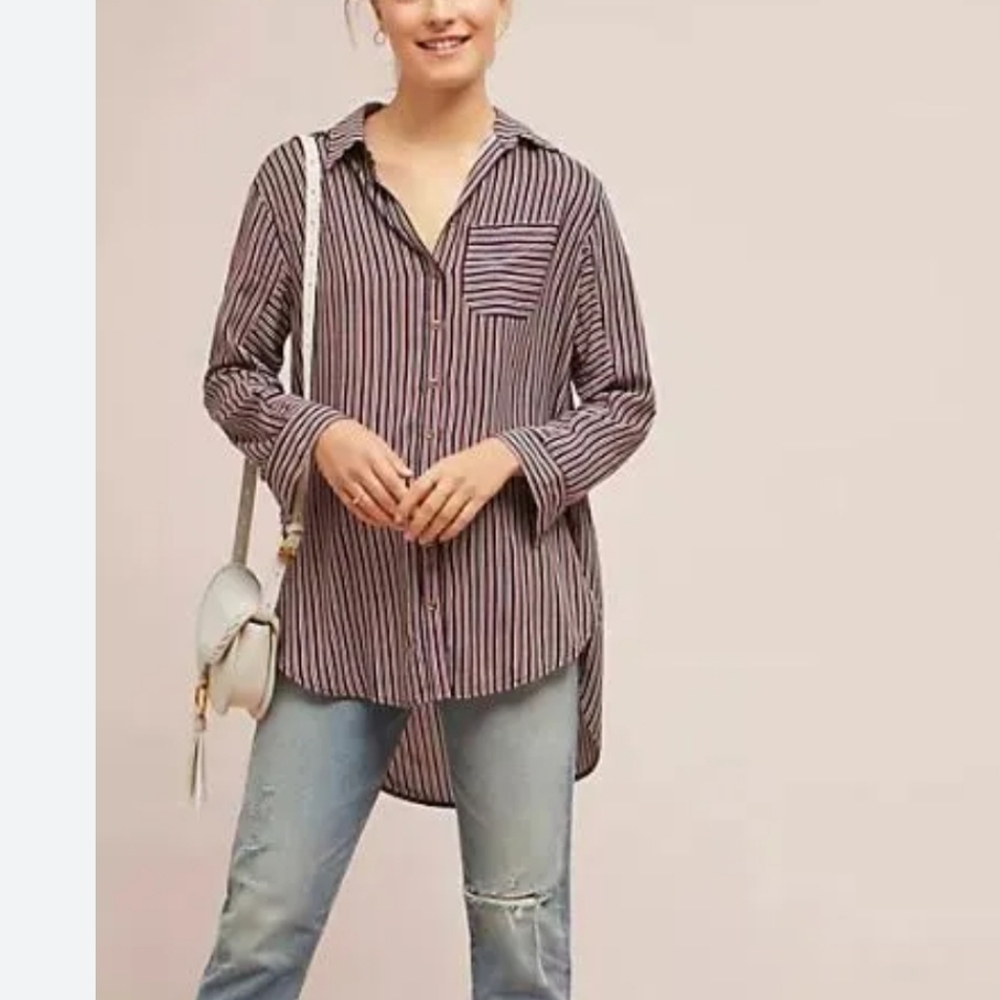 Antropologie Maeve Adelaide Poplin Striped Shirt size XS Navy Red Button Down